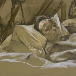 Drawing of a wounded man in hospital bed